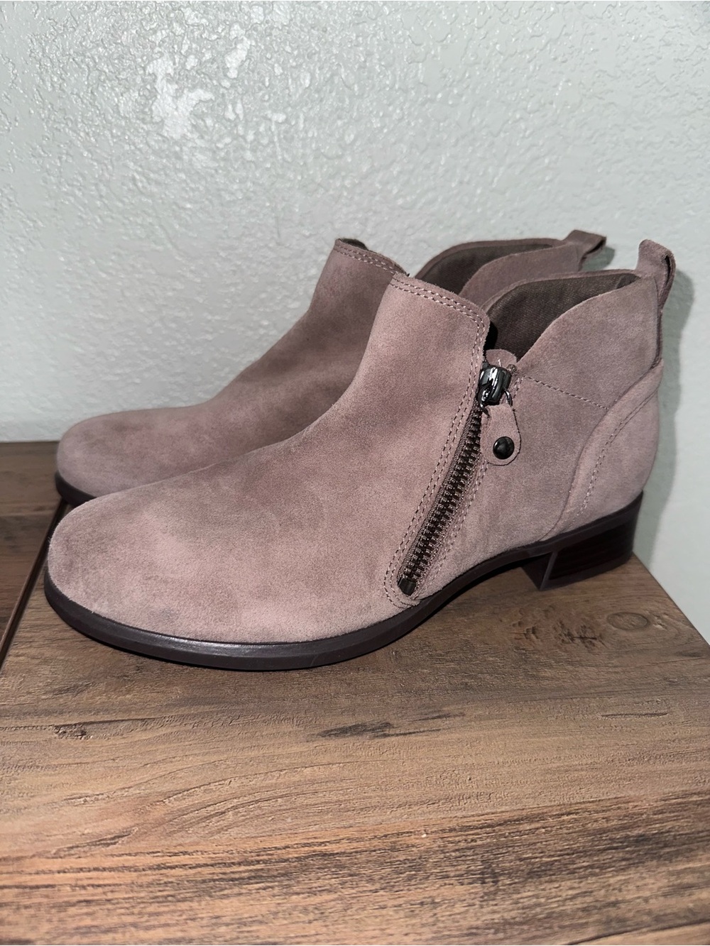 Munro Taupe Suede Side-Zip Ankle Booties